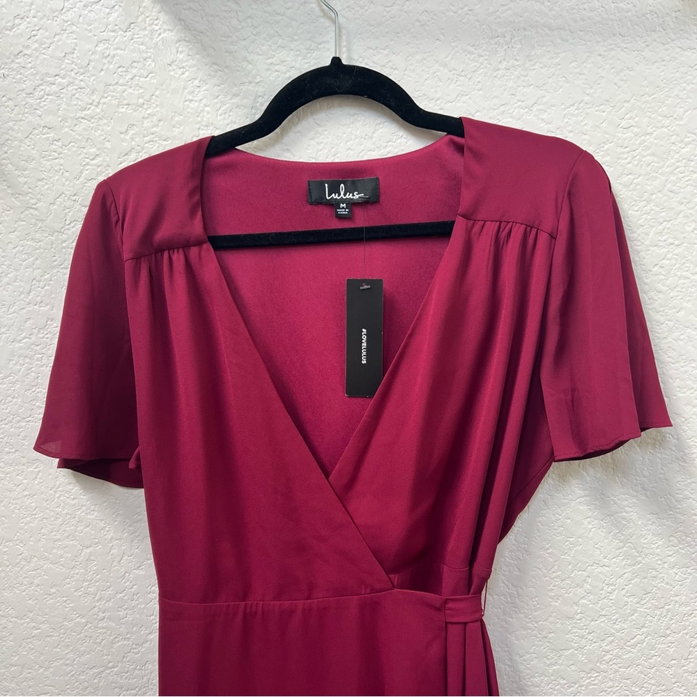 Lulus Wrap Maxi Dress Women,s Medium Burgundy Short Sleeve Slit Flutter New - Picture 6 of 9